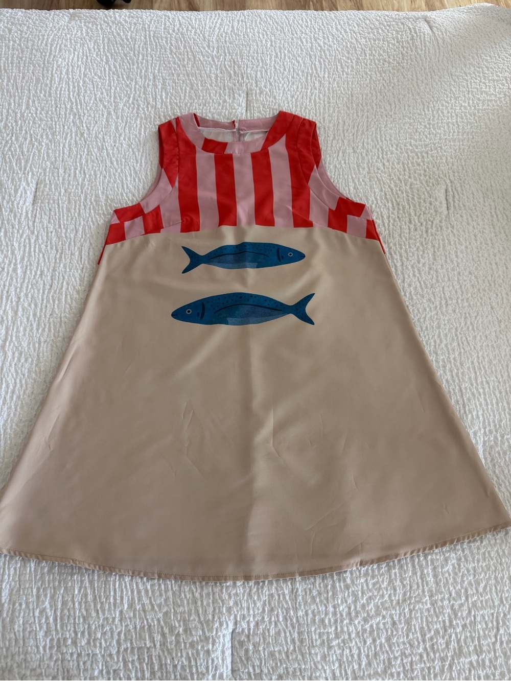 Red & Beige Stripe Mini Dress with Blue Sardine Motif